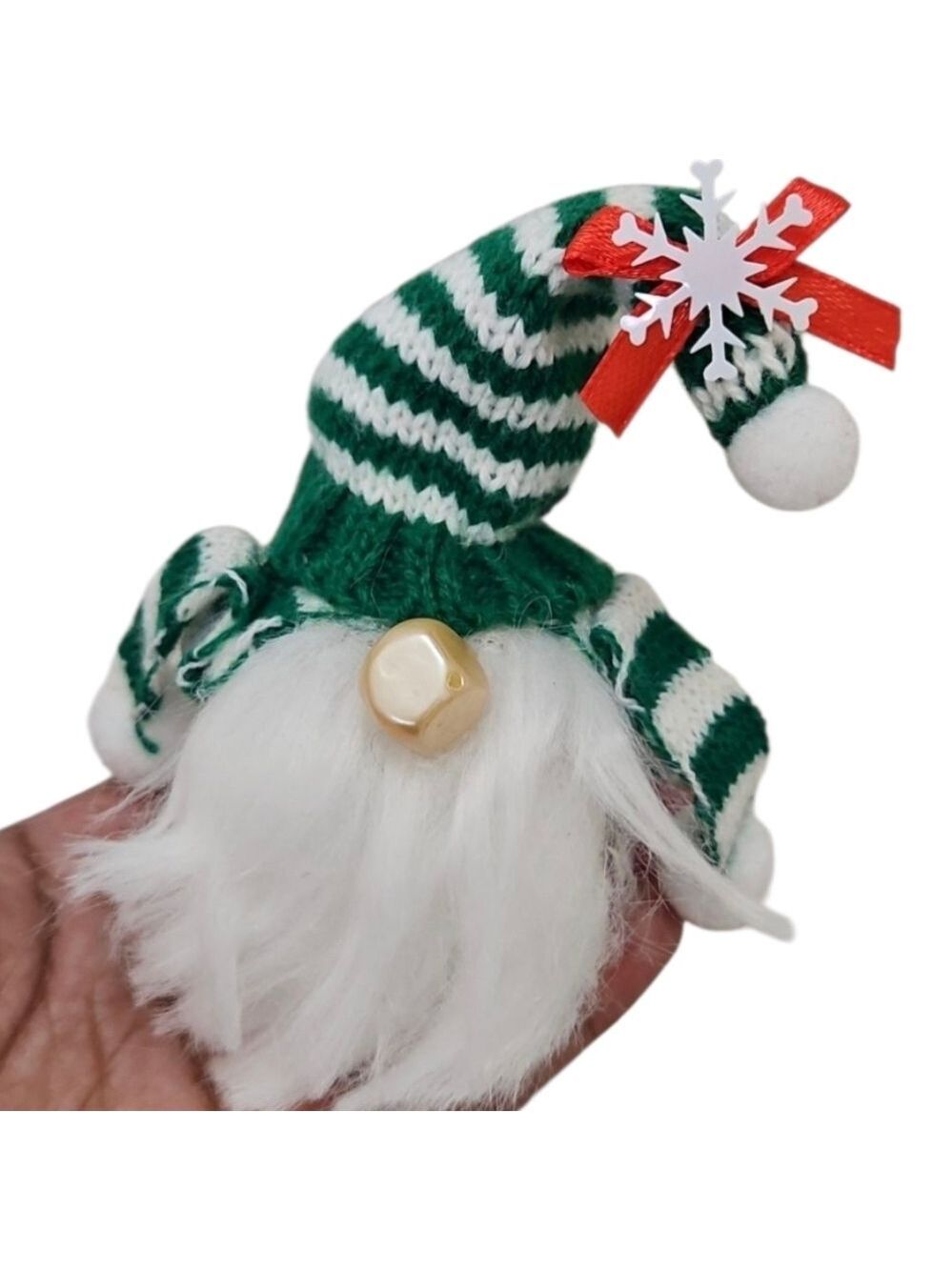 Upcycled Green White Striped Gnome Holiday Ornament Handmade